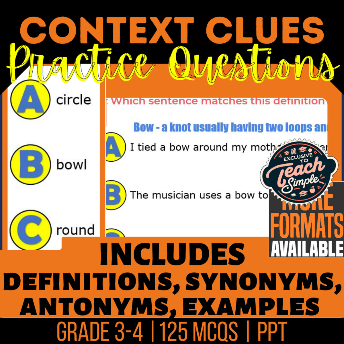 An educational teaching resource from Cored Education entitled Context Clues Practice Questions - Vocabulary Grade 3-4 (PPT) downloadable at Teach Simple.