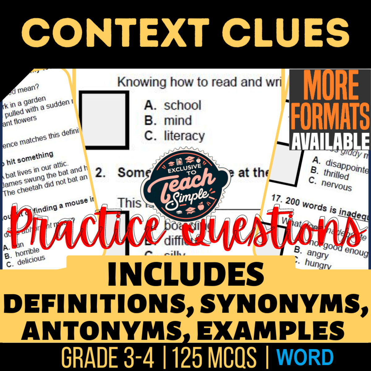 An educational teaching resource from Cored Education entitled Context Clues Practice Questions - Vocabulary Grade 3-4 (Word) downloadable at Teach Simple.