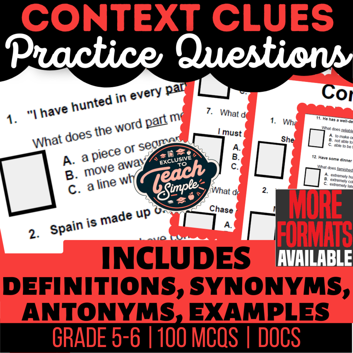 An educational teaching resource from Cored Education entitled Context Clues Practice Questions - Vocabulary Grade 5-6 (Docs) downloadable at Teach Simple.