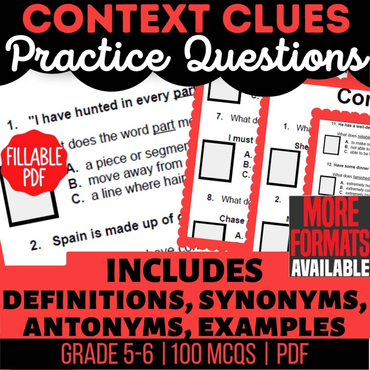An educational teaching resource from Cored Education entitled Context Clues Practice Questions - Vocabulary Grade 5-6 (Fillable PDF) downloadable at Teach Simple.