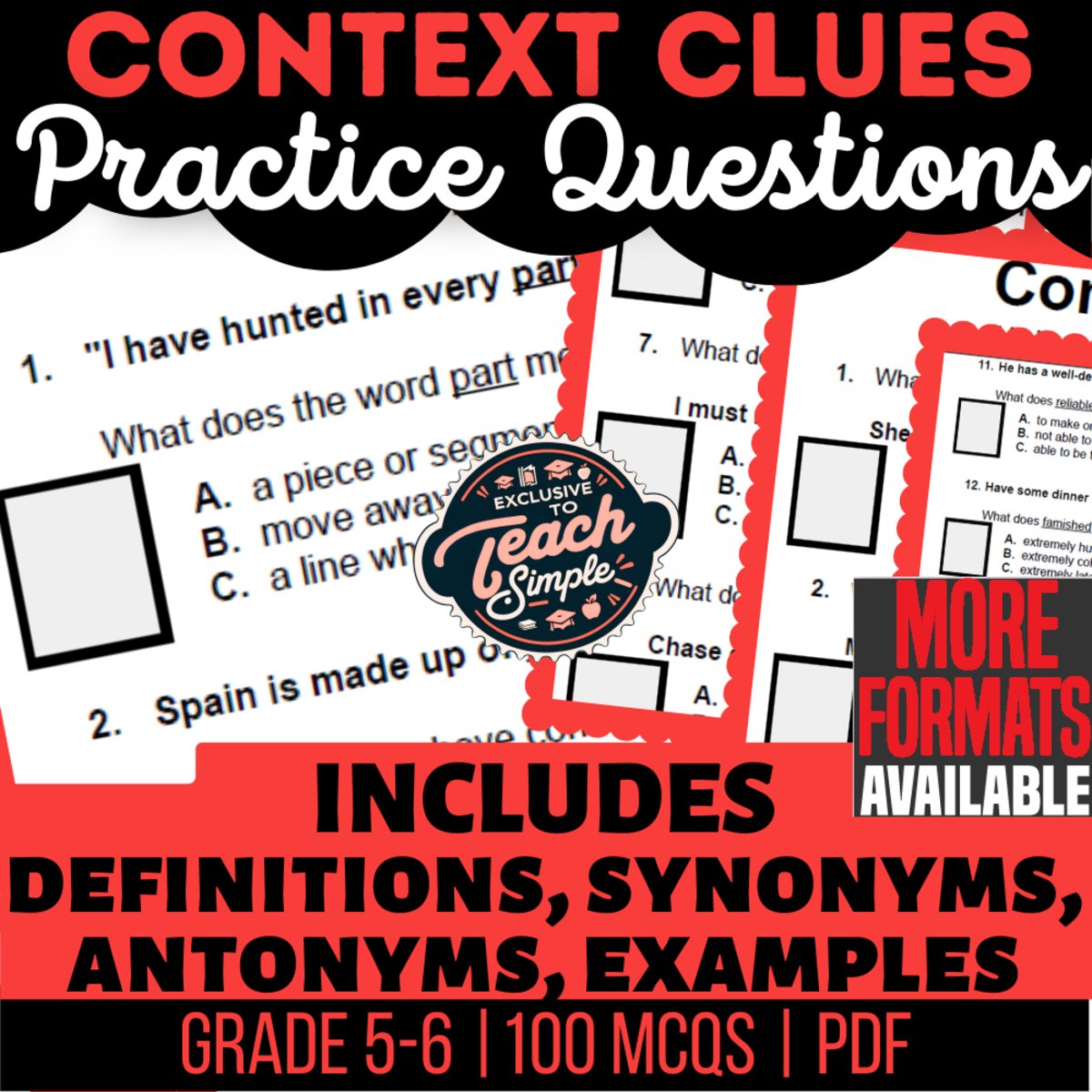 An educational teaching resource from Cored Education entitled Context Clues Practice Questions - Vocabulary Grade 5-6 (PDF) downloadable at Teach Simple.