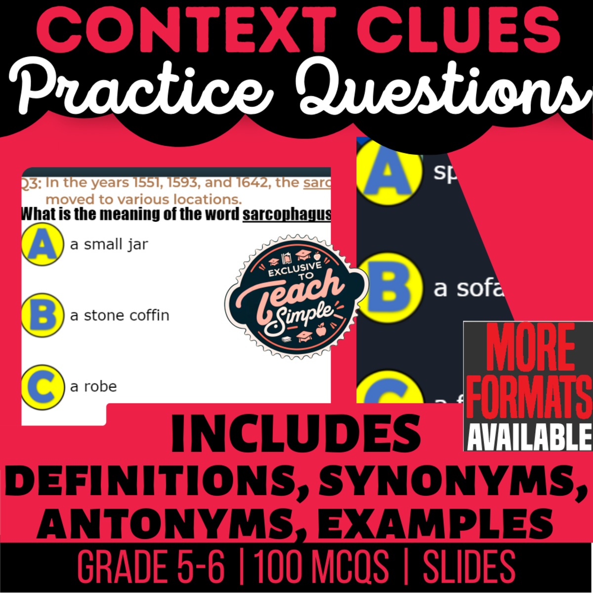 An educational teaching resource from Cored Education entitled Context Clues Practice Questions - Vocabulary Grade 5-6 (Slides) downloadable at Teach Simple.