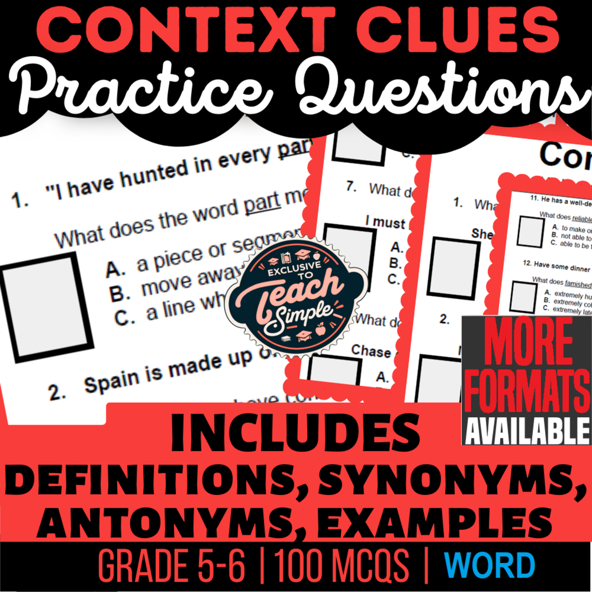 An educational teaching resource from Cored Education entitled Context Clues Practice Questions - Vocabulary Grade 5-6 (Word) downloadable at Teach Simple.
