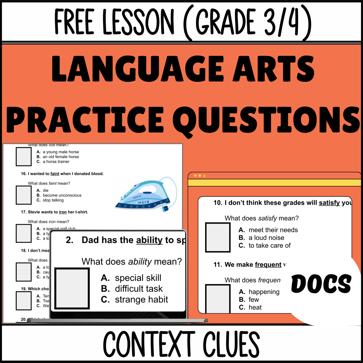 An educational teaching resource from Cored Education entitled Context Clues Sample - Vocabulary Grade 3-4 (Docs) downloadable at Teach Simple.