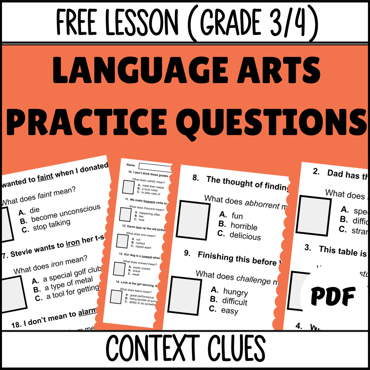 An educational teaching resource from Cored Education entitled Context Clues Sample - Vocabulary Grade 3-4 (PDF) downloadable at Teach Simple.