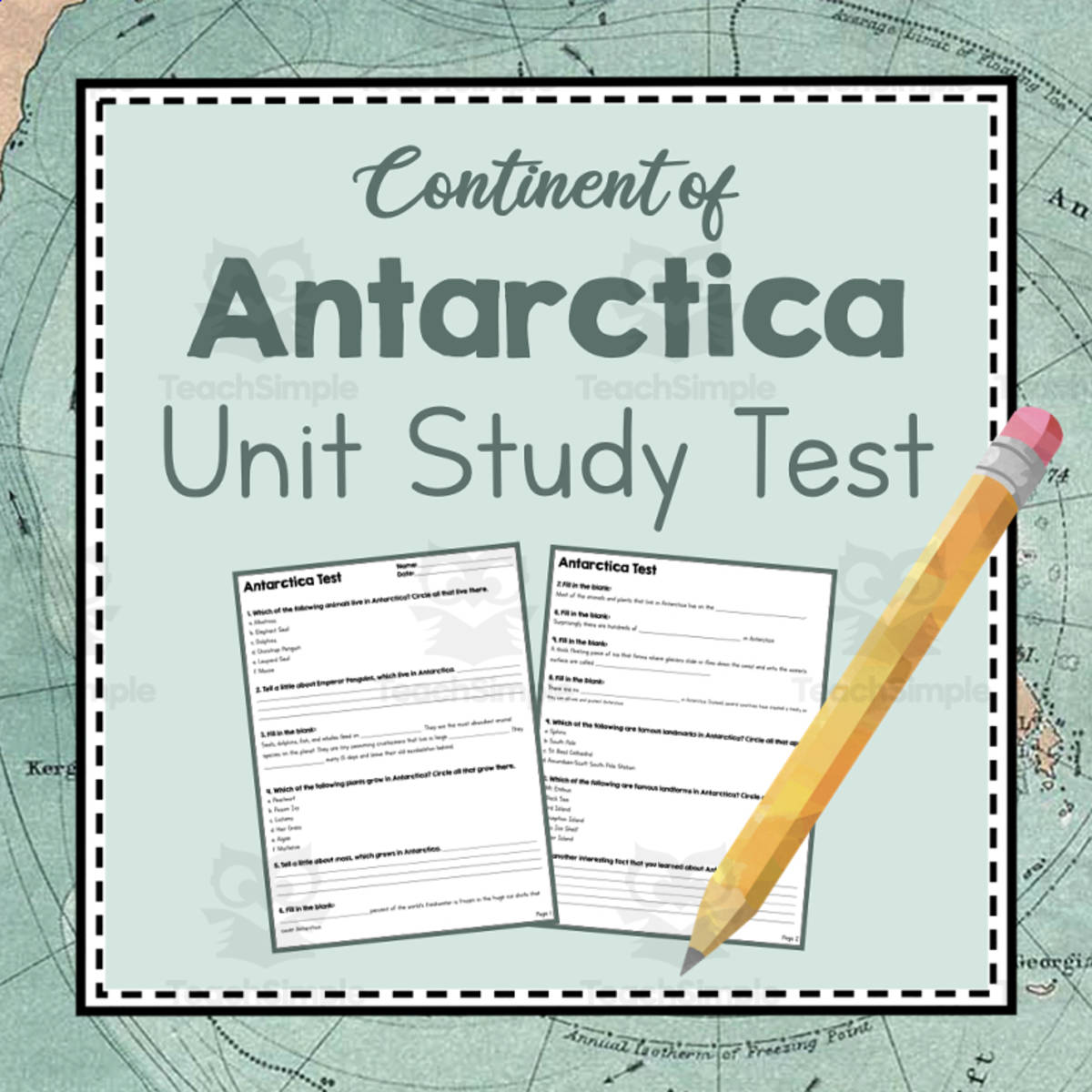 An educational teaching resource from Simply Schoolgirl entitled Continent of Antartica | Unit Study Test | Geography Bundle downloadable at Teach Simple.