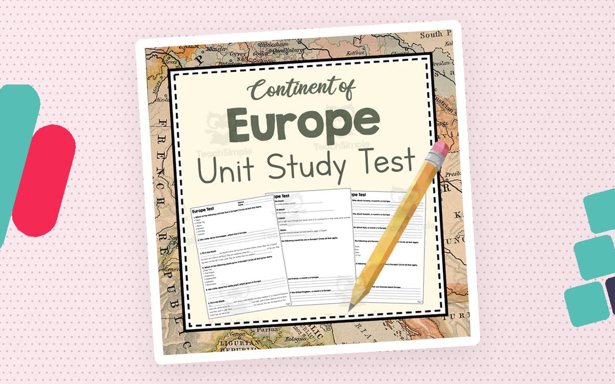 An educational teaching resource from Simply Schoolgirl entitled Continent of Europe | Unit Study Test | Geography Bundle downloadable at Teach Simple.