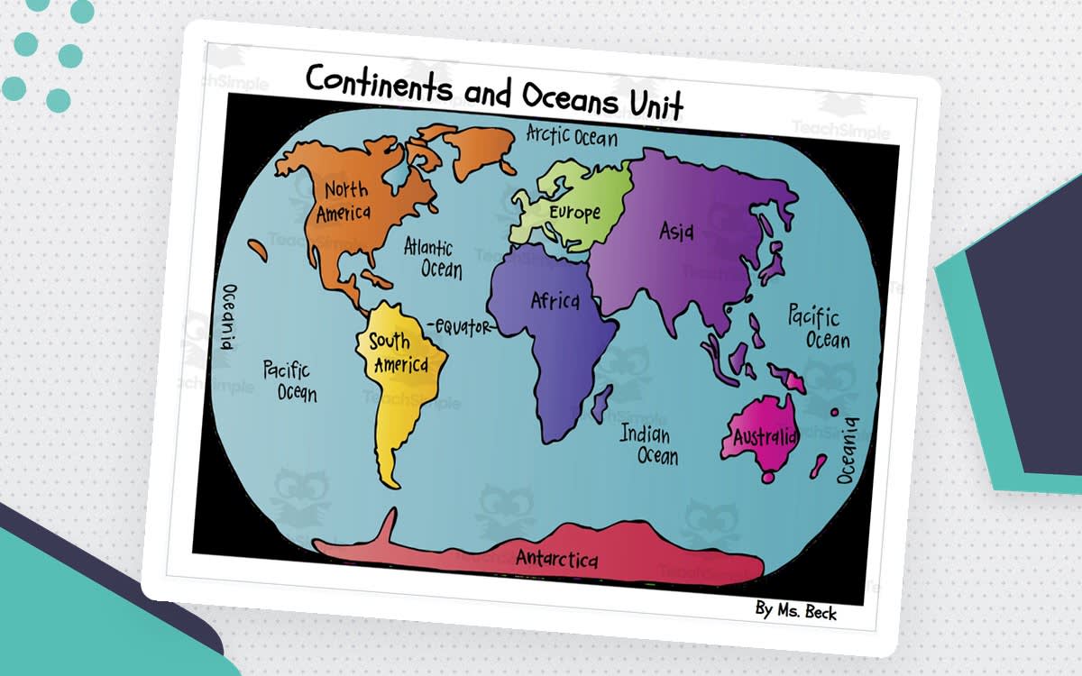 An educational teaching resource from Super Teacher Tactics entitled Continents and Oceans Map Lesson with Song and Facts downloadable at Teach Simple.
