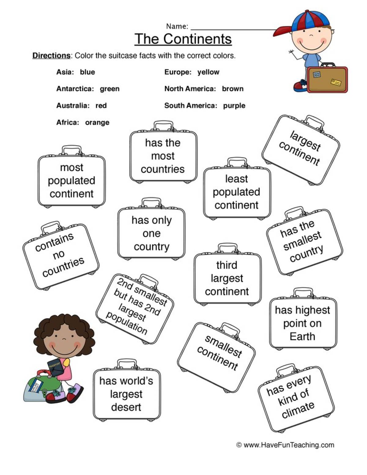 An educational teaching resource from Have Fun Teaching entitled Continents Worksheet - Countries downloadable at Teach Simple.