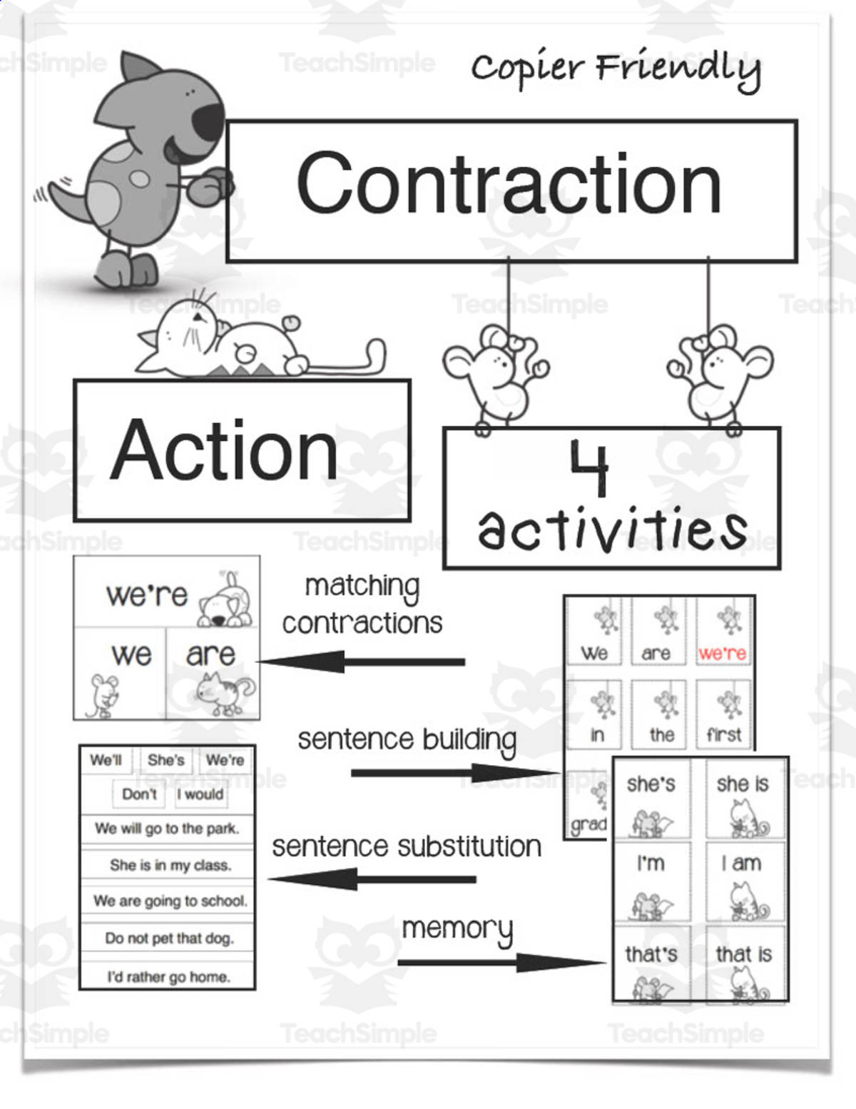 An educational teaching resource from Easy Peasy Primary Resources entitled Contraction Action Activity Packet downloadable at Teach Simple.