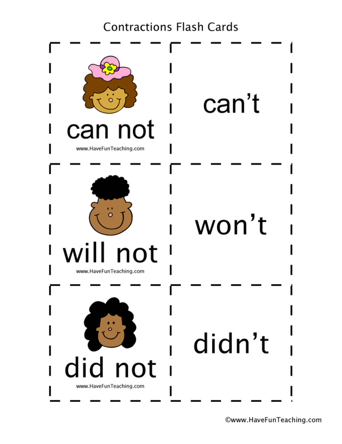 An educational teaching resource from Have Fun Teaching entitled Contractions Flash Cards downloadable at Teach Simple.