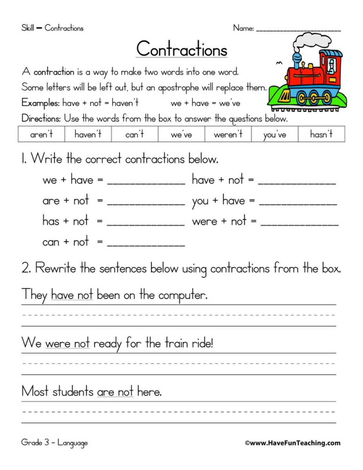 An educational teaching resource from Have Fun Teaching entitled Contractions Practice Worksheet downloadable at Teach Simple.