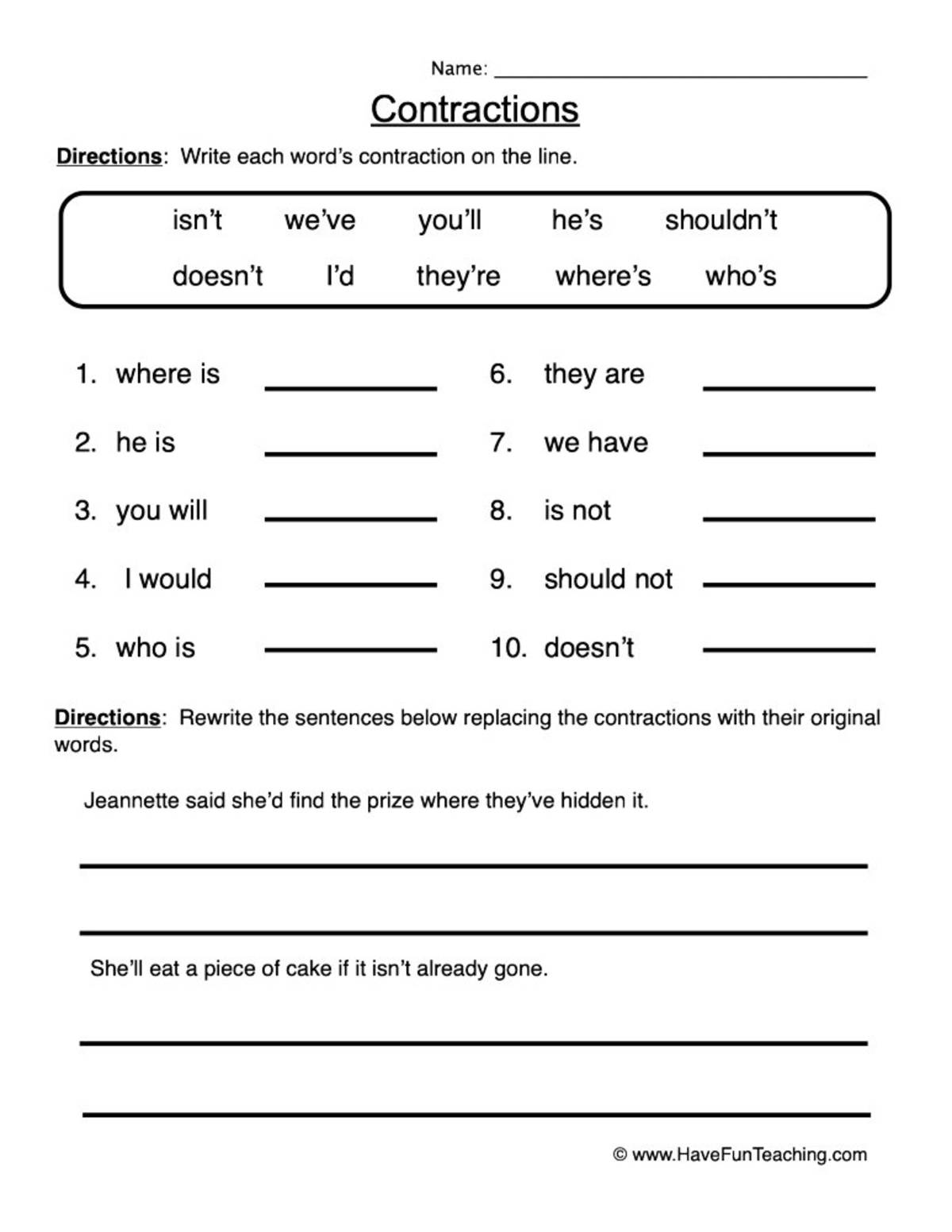 An educational teaching resource from Have Fun Teaching entitled Contractions Word Bank Worksheet downloadable at Teach Simple.