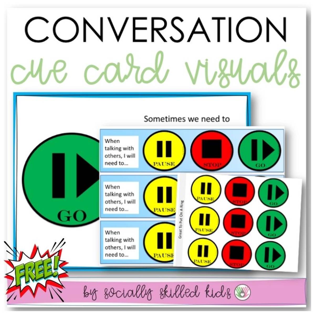 An educational teaching resource from Socially Skilled Kids entitled Conversation Cue Cards, Visual Supports downloadable at Teach Simple.