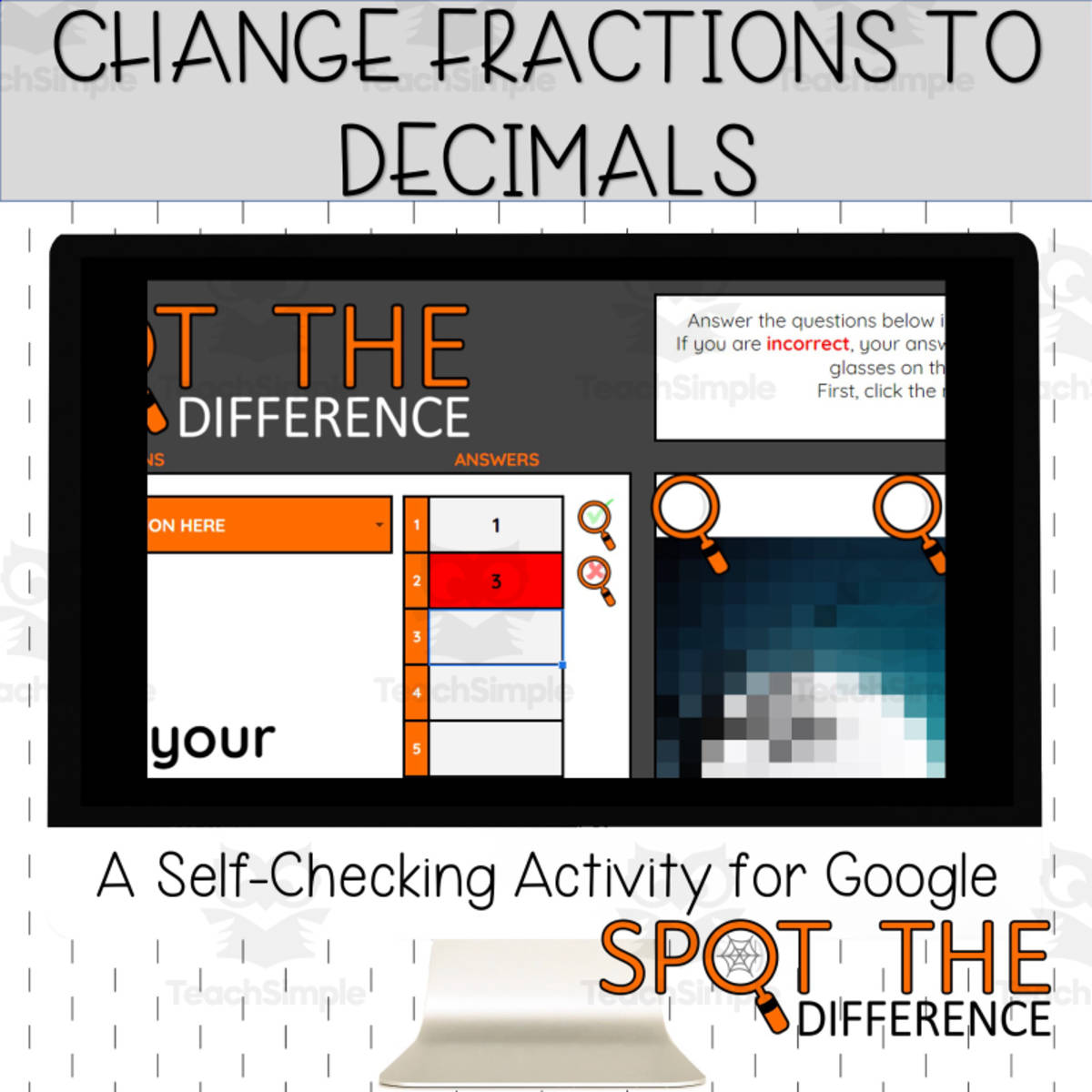 An educational teaching resource from Digitally Yours Shop entitled Convert - Change - Fractions to Decimals Self-Checking Digital Activity - Halloween downloadable at Teach Simple.
