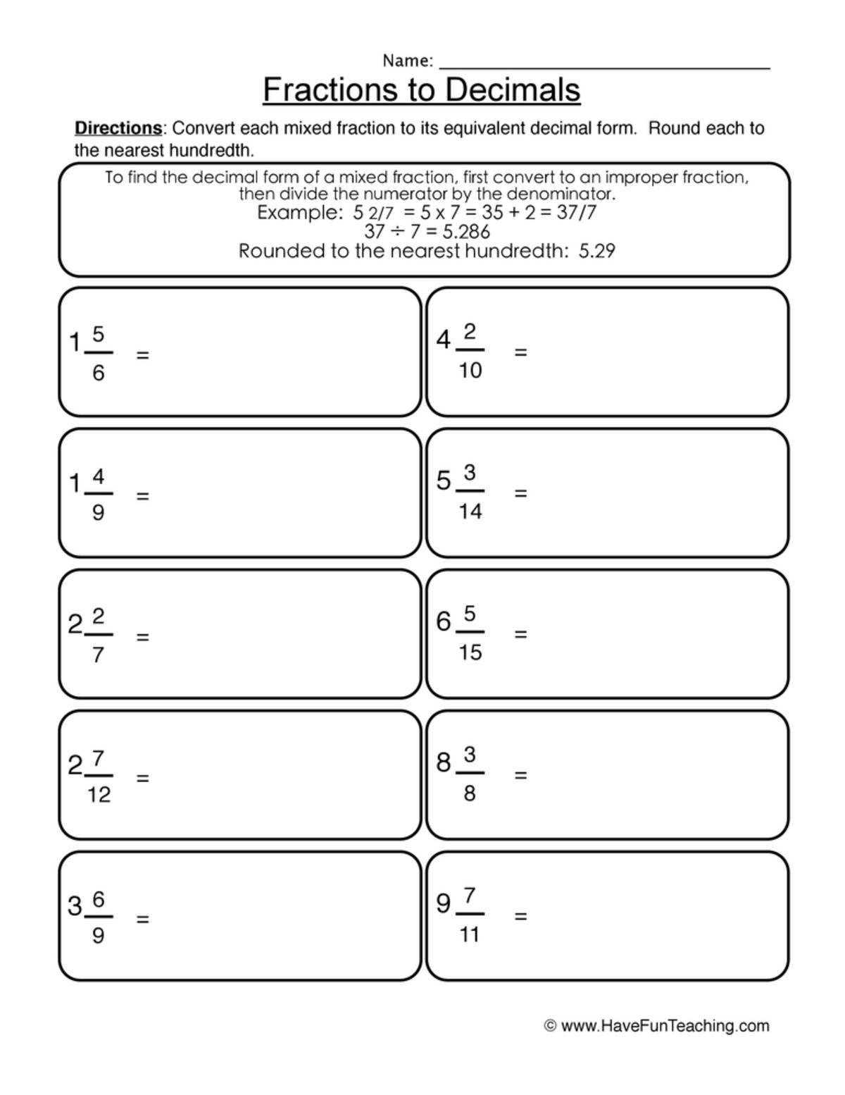 An educational teaching resource from Have Fun Teaching entitled Convert Mixed Numbers to Decimals Worksheet downloadable at Teach Simple.