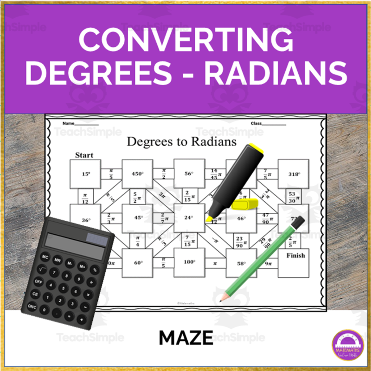 An educational teaching resource from Matemaths entitled Converting Degrees and Radians Maze downloadable at Teach Simple.