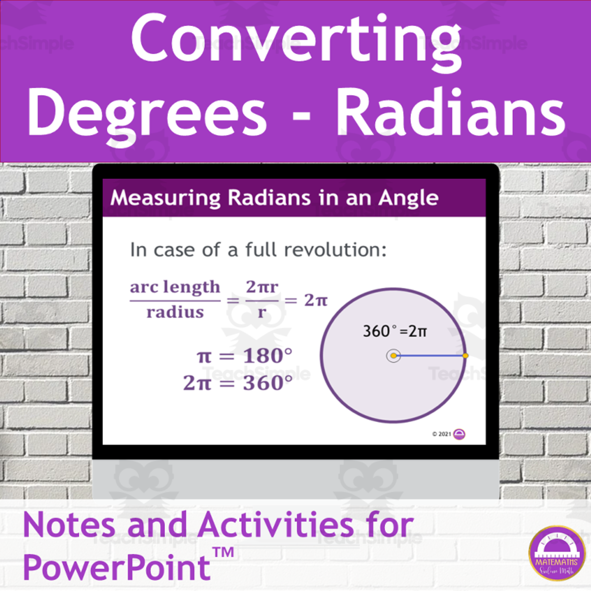 An educational teaching resource from Matemaths entitled Converting Degrees and Radians Presentations and Exercises downloadable at Teach Simple.