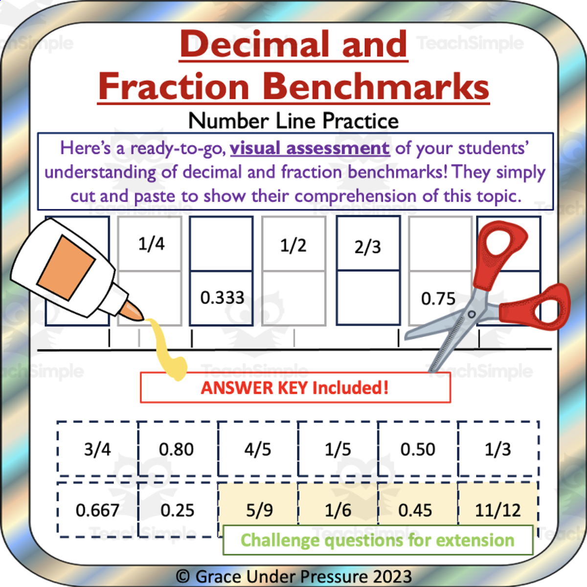 An educational teaching resource from Grace Under Pressure entitled Fractions to Decimals – Number Line Cut & Paste downloadable at Teach Simple.