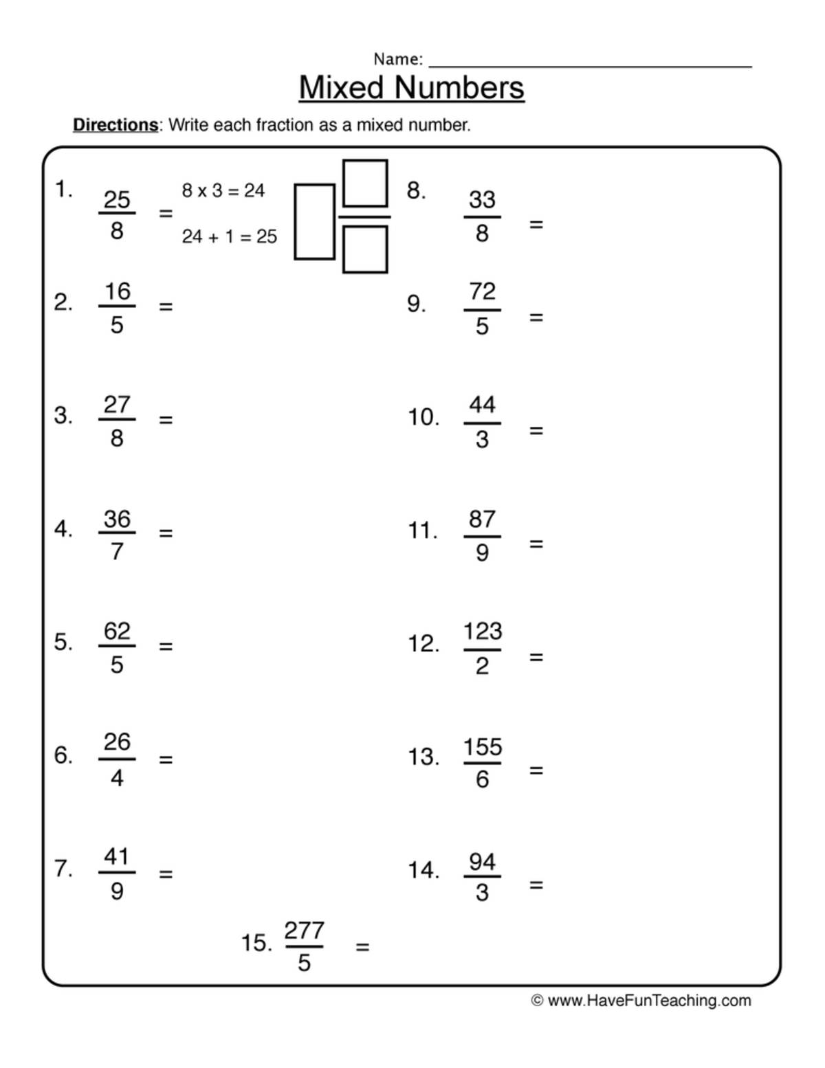 An educational teaching resource from Have Fun Teaching entitled Converting to Mixed Numbers Worksheet downloadable at Teach Simple.