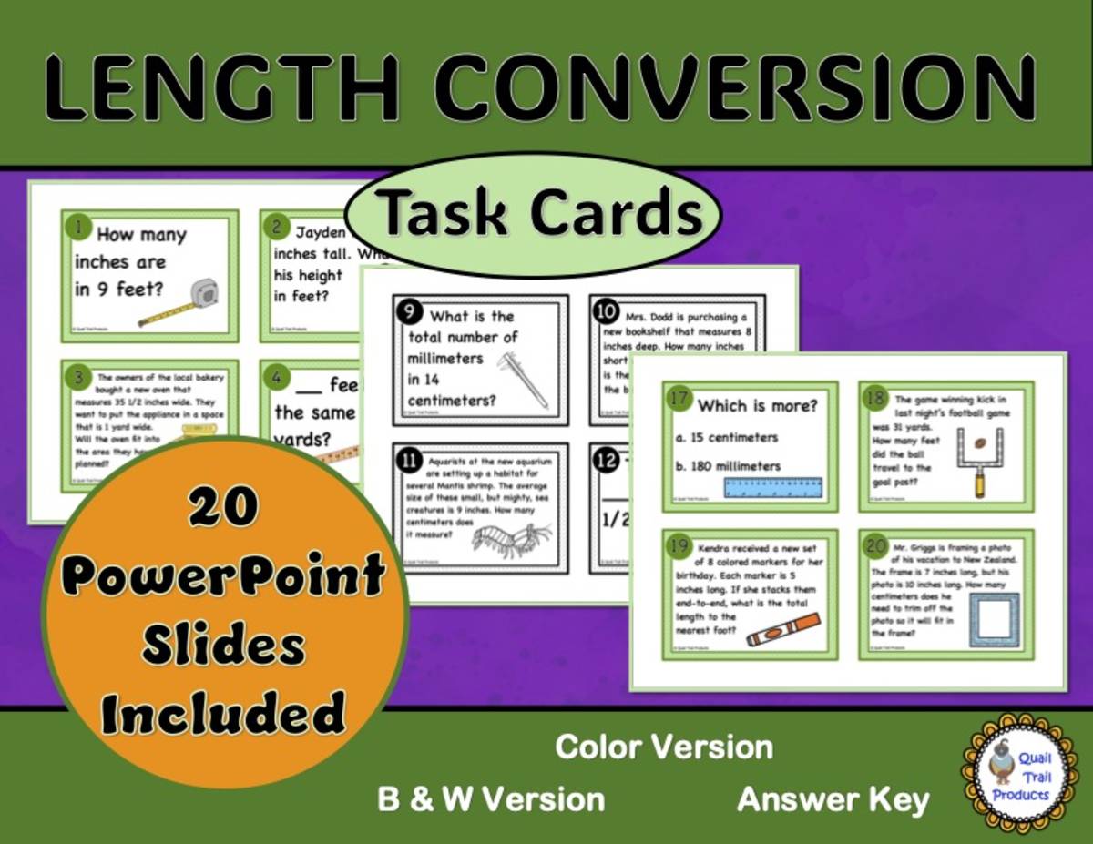 An educational teaching resource from Quail Trail Products entitled Converting Units of Length Task Cards and Power Point Slides downloadable at Teach Simple.