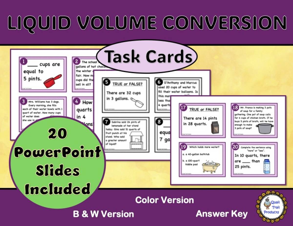 An educational teaching resource from Quail Trail Products entitled Converting Units of Liquid Volume Task Cards and Power Point Slides downloadable at Teach Simple.