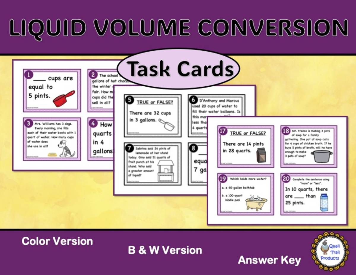 An educational teaching resource from Quail Trail Products entitled Converting Units of Liquid Volume Task Cards downloadable at Teach Simple.