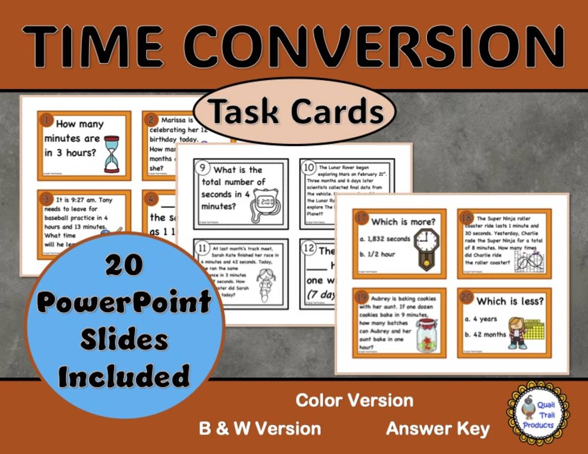 An educational teaching resource from Quail Trail Products entitled Converting Units of Time Task Cards and Power Point Slides downloadable at Teach Simple.