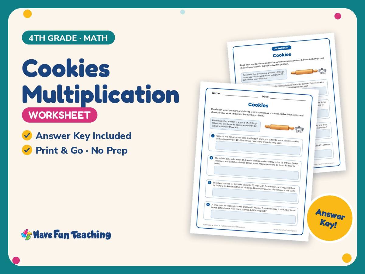 Cookies Multiplication Worksheet – 4th Grade Word Problems Practice preview