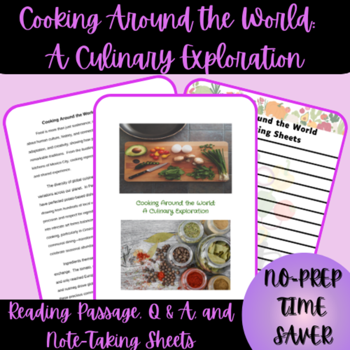 An educational teaching resource from Homeschool with Big Easy Homeschooling Mom entitled Cooking Around the World Reading Passage, Q & A, Note-Taking Sheets downloadable at Teach Simple.