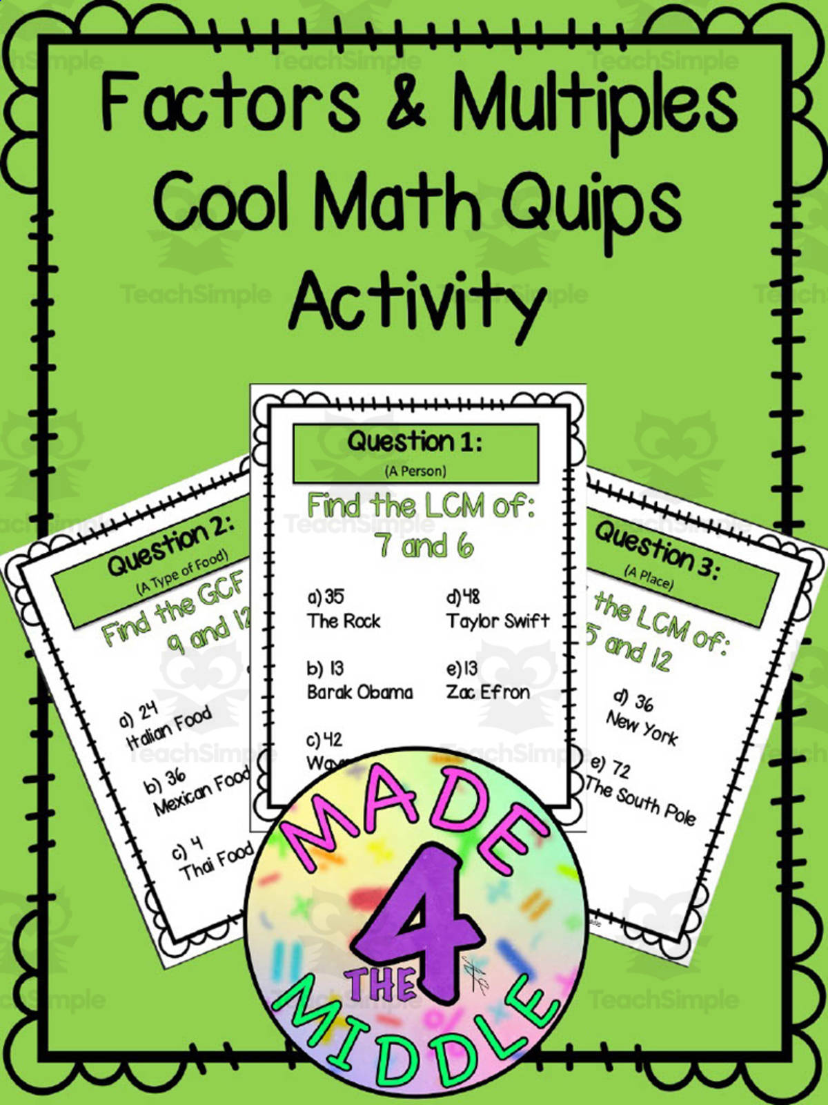 An educational teaching resource from Made 4 The Middle entitled Cool Math Quips Activity: Factors + Multiples downloadable at Teach Simple.