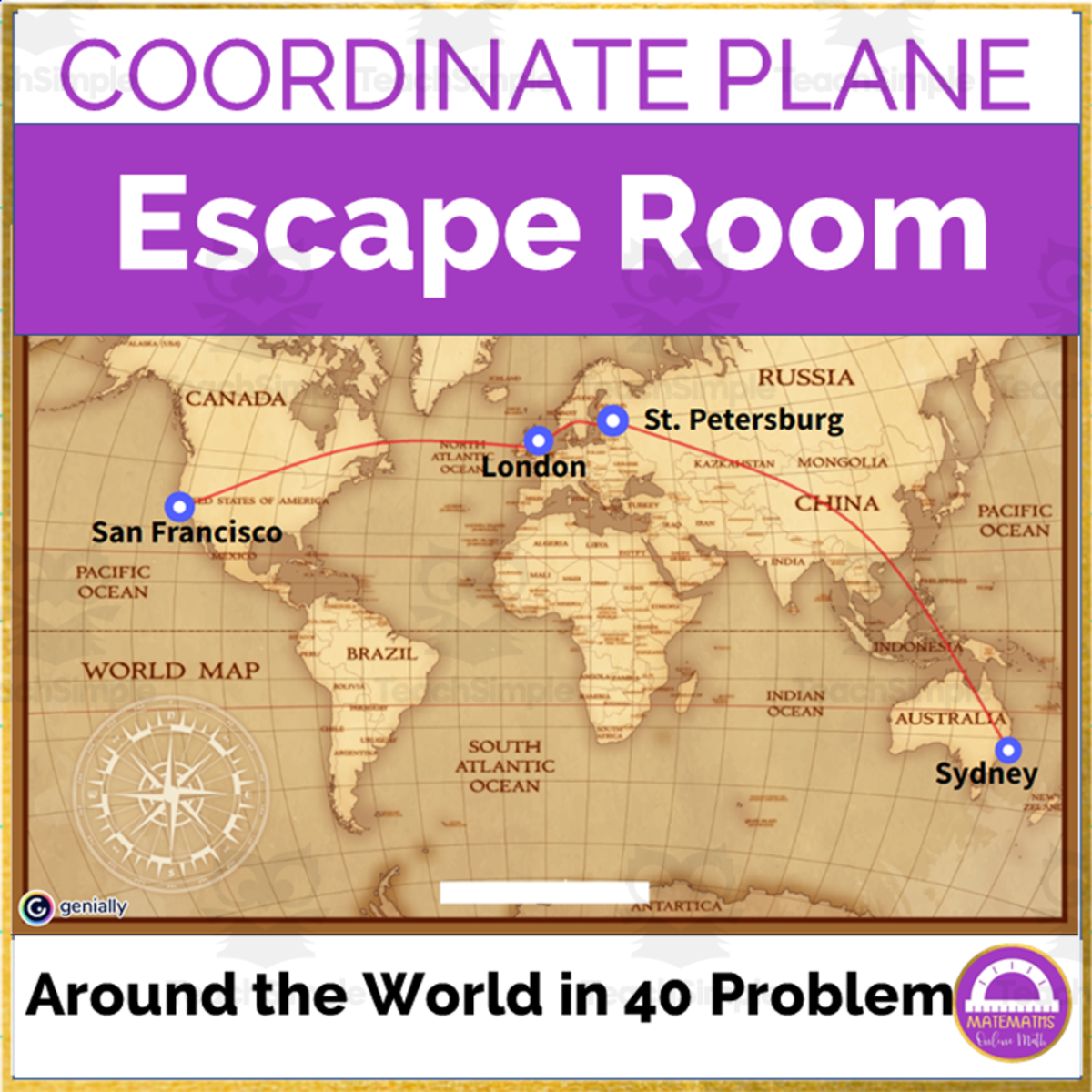 An educational teaching resource from Matemaths entitled Coordinate Plane Review | Around the World Escape Room downloadable at Teach Simple.