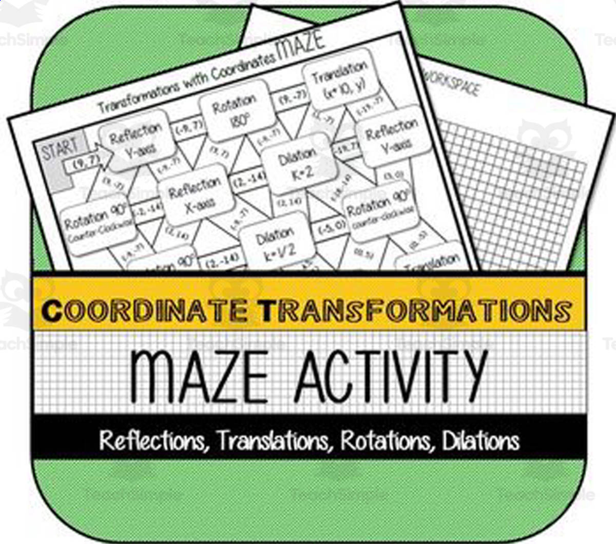 An educational teaching resource from The Math Cafe entitled Coordinate Plane Transformations MAZE downloadable at Teach Simple.