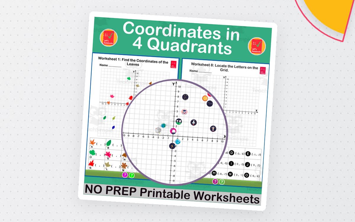 An educational teaching resource from Jeff's Notebooks entitled Coordinates in 4 Quadrants – Plotting Worksheet Set downloadable at Teach Simple.
