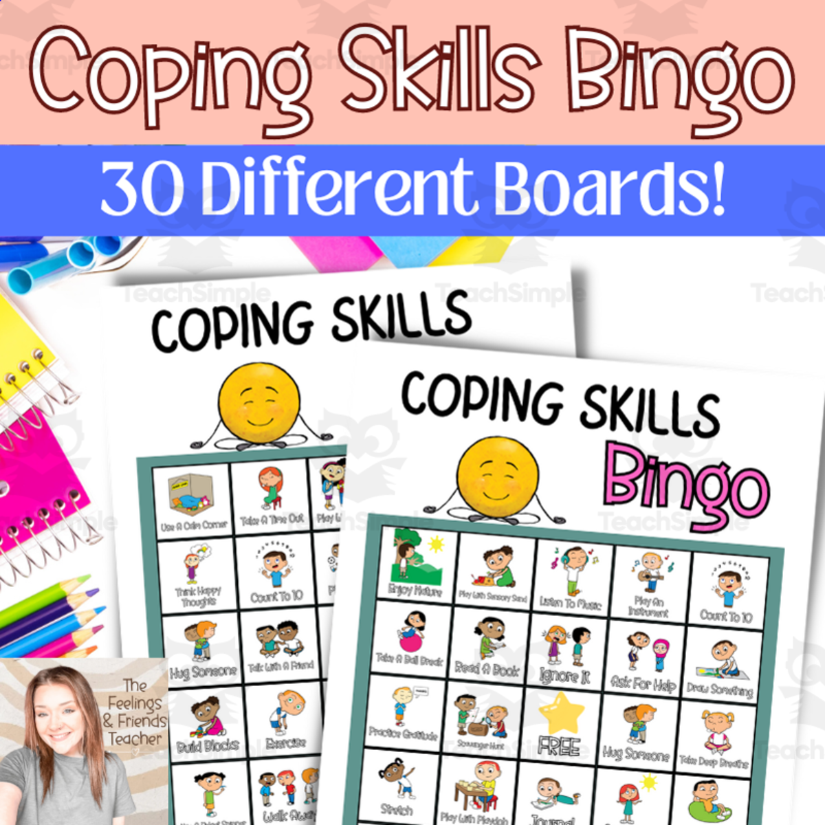 An educational teaching resource from The Feelings and Friends Teacher entitled Coping Skills Bingo Counseling Game | Social Emotional Activity downloadable at Teach Simple.