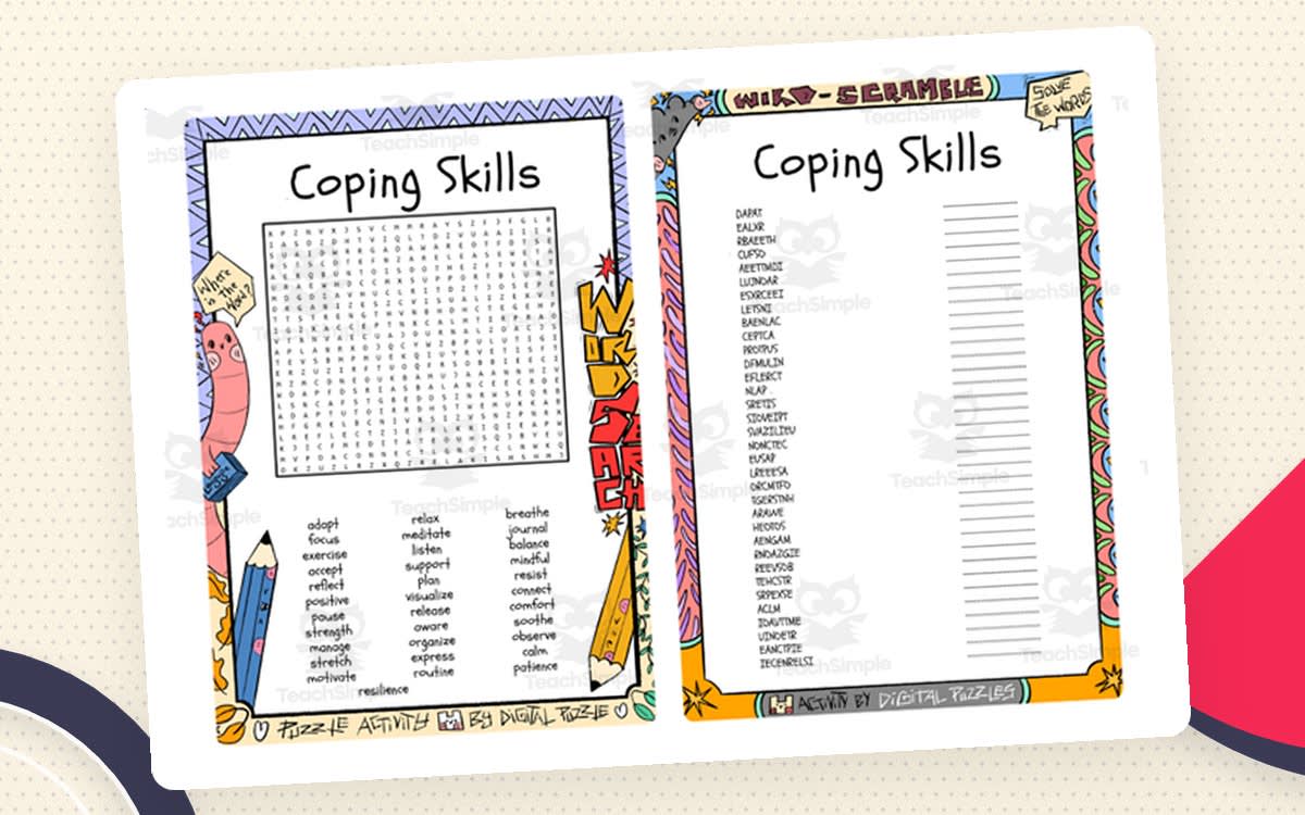 An educational teaching resource from Lapiiin Art Activities entitled Coping Skills word search and word scramble downloadable at Teach Simple.