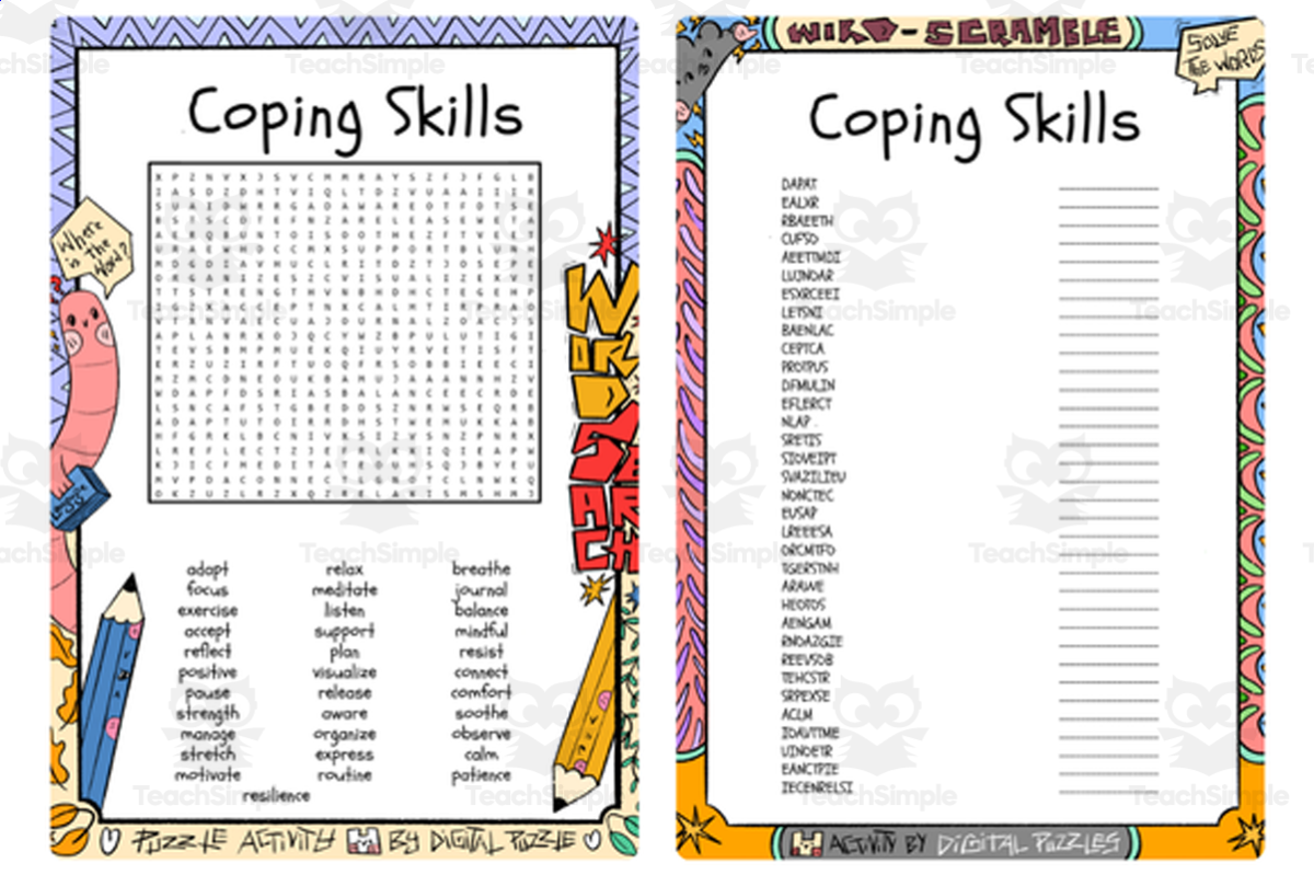 An educational teaching resource from Lapiiin Art Activities entitled Coping Skills word search and word scramble downloadable at Teach Simple.