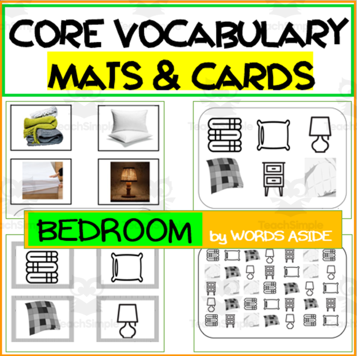 An educational teaching resource from WORDS ASIDE entitled Core Semantics Mats + Cards: Bedroom Pack downloadable at Teach Simple.