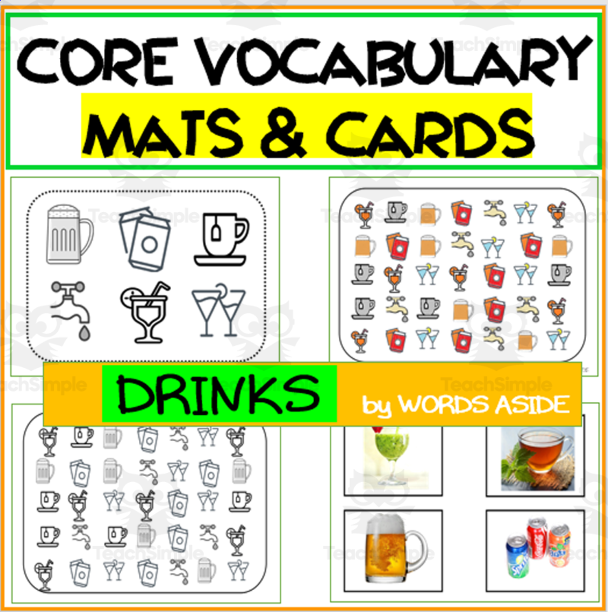 An educational teaching resource from WORDS ASIDE entitled Core Semantics Mats + Cards: Drinks Pack downloadable at Teach Simple.