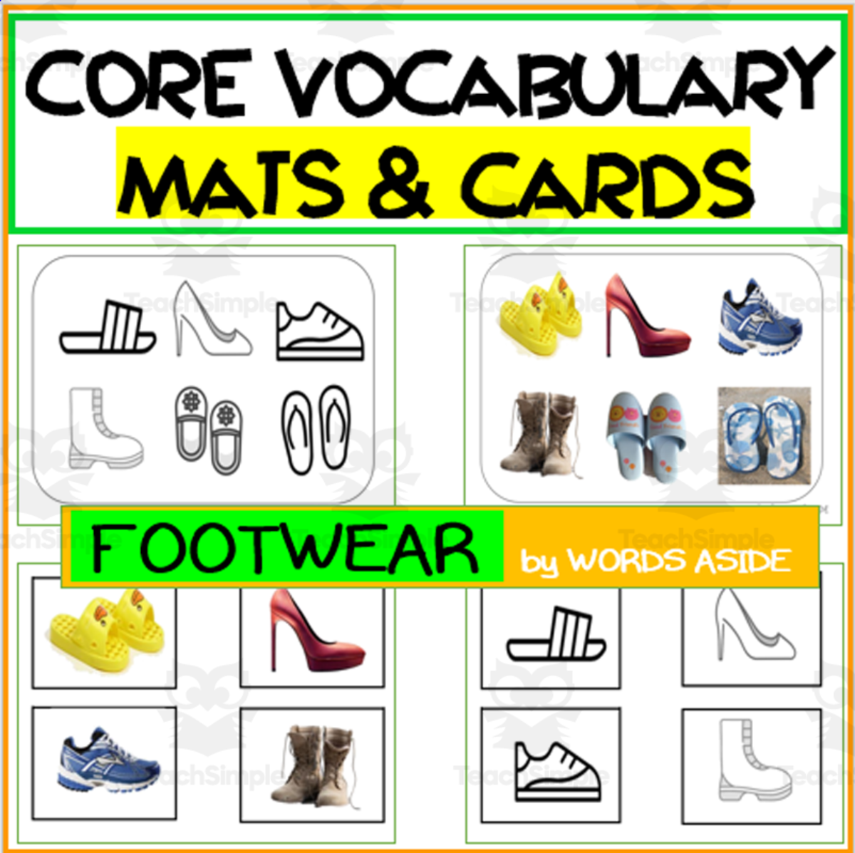 An educational teaching resource from WORDS ASIDE entitled Core Semantics Mats + Cards: Footwear Pack downloadable at Teach Simple.
