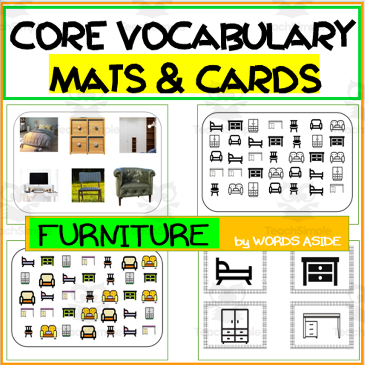 An educational teaching resource from WORDS ASIDE entitled Core Semantics Mats + Cards: Furniture Pack downloadable at Teach Simple.