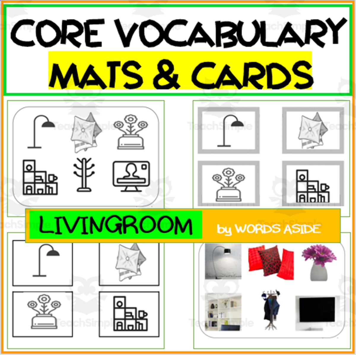 An educational teaching resource from WORDS ASIDE entitled Core Semantics Mats + Cards: Livingroom Pack downloadable at Teach Simple.