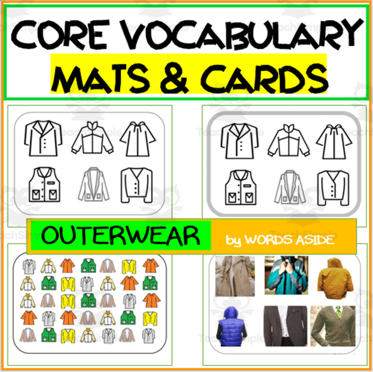 An educational teaching resource from WORDS ASIDE entitled Core Semantics Mats + Cards: Outerwear Pack downloadable at Teach Simple.