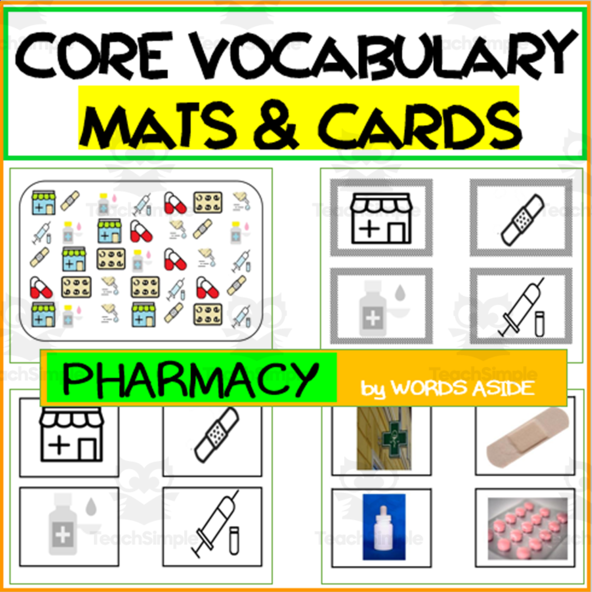 An educational teaching resource from WORDS ASIDE entitled Core Semantics Mats + Cards: Pharmacy Pack downloadable at Teach Simple.
