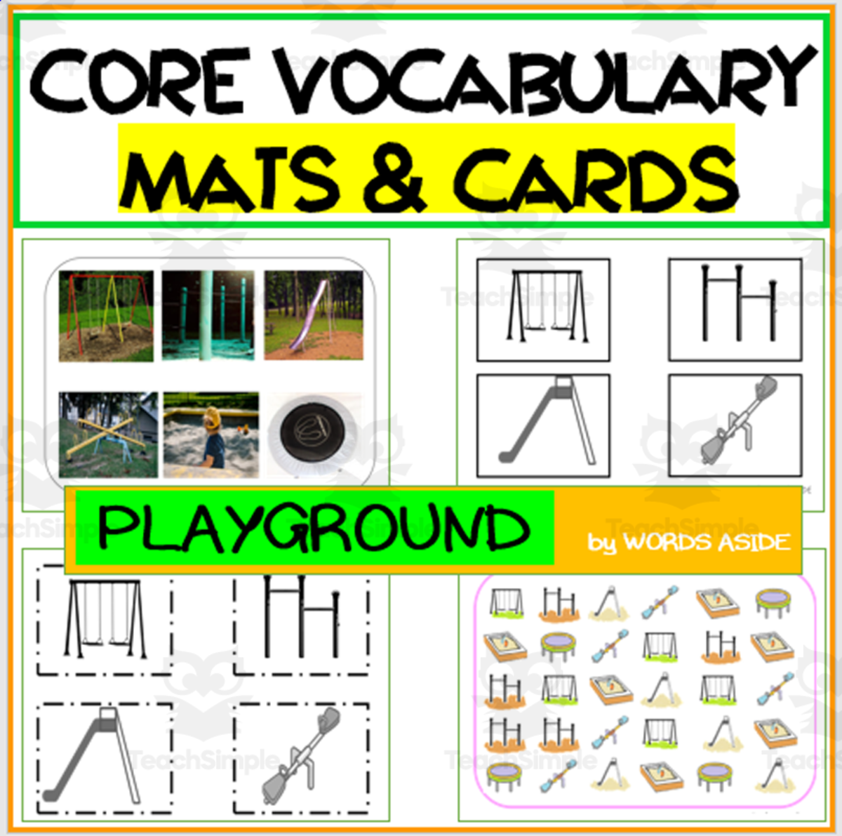 An educational teaching resource from WORDS ASIDE entitled Core Semantics Mats + Cards: Playground Pack downloadable at Teach Simple.