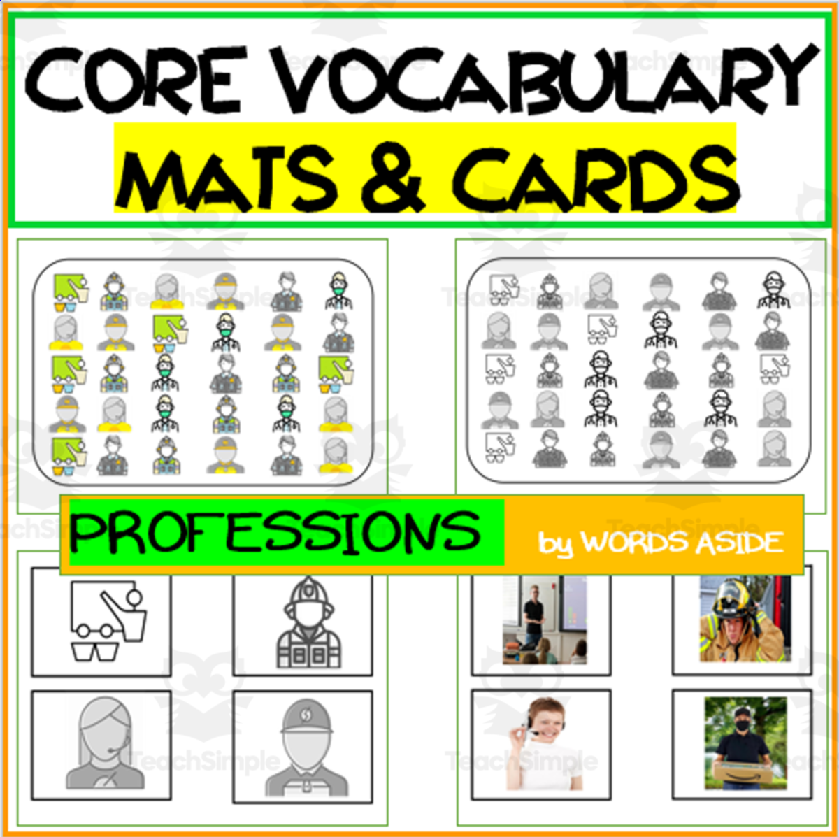 An educational teaching resource from WORDS ASIDE entitled Core Semantics Mats + Cards: Professions Pack downloadable at Teach Simple.