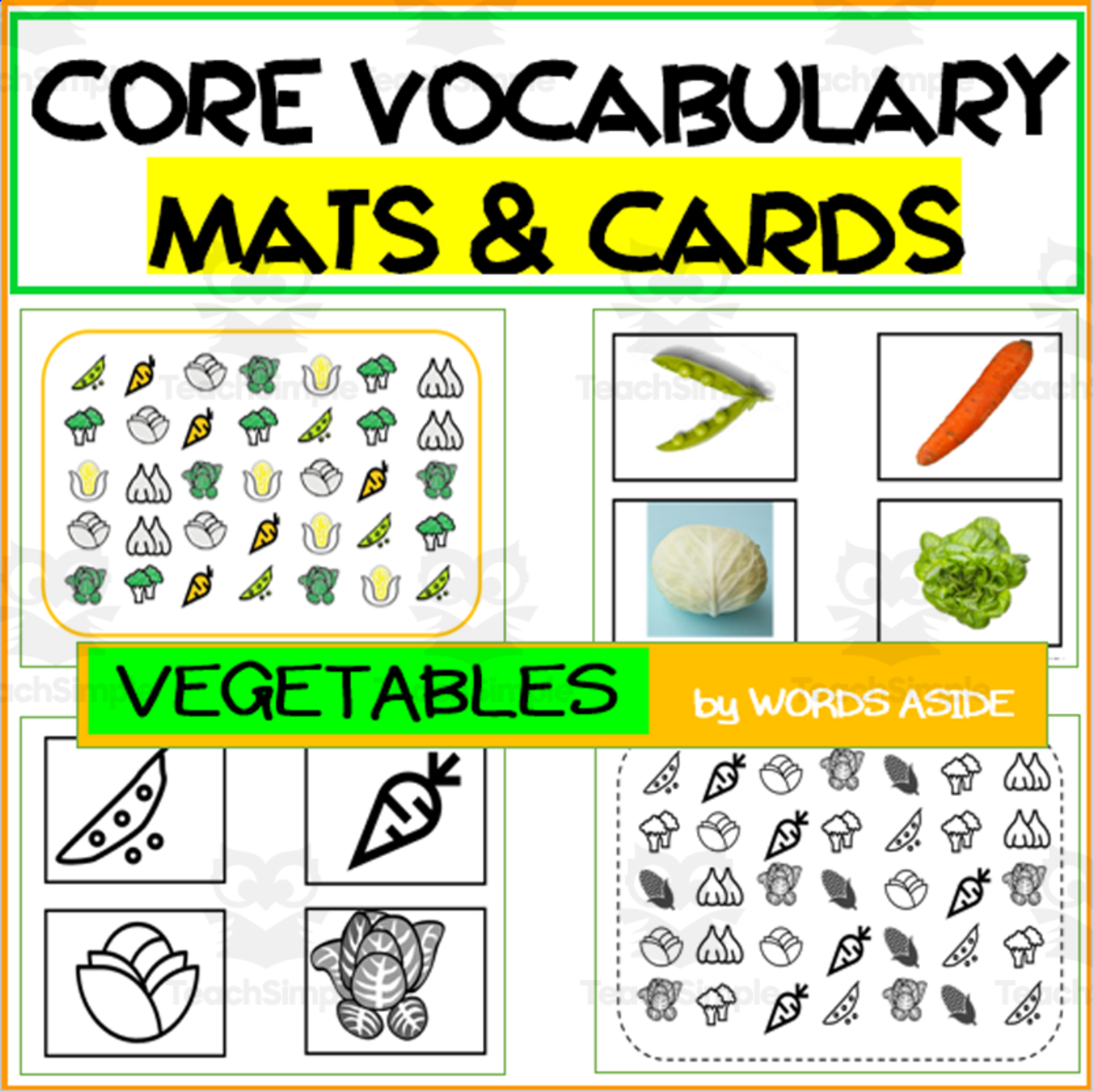 An educational teaching resource from WORDS ASIDE entitled Core Semantics Mats + Cards: Vegetables Pack downloadable at Teach Simple.