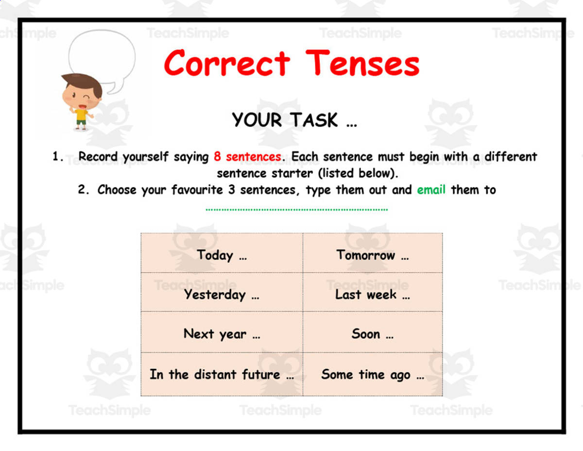 An educational teaching resource from Elementary Resources 4 U entitled Correct Tenses Activity downloadable at Teach Simple.