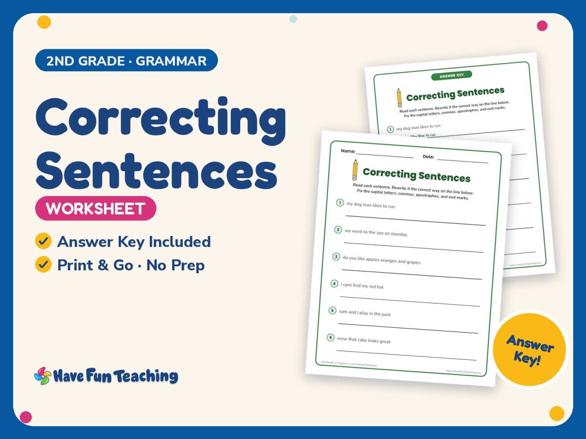 Correcting Sentences Worksheet – 2nd Grade Capitalization Practice preview