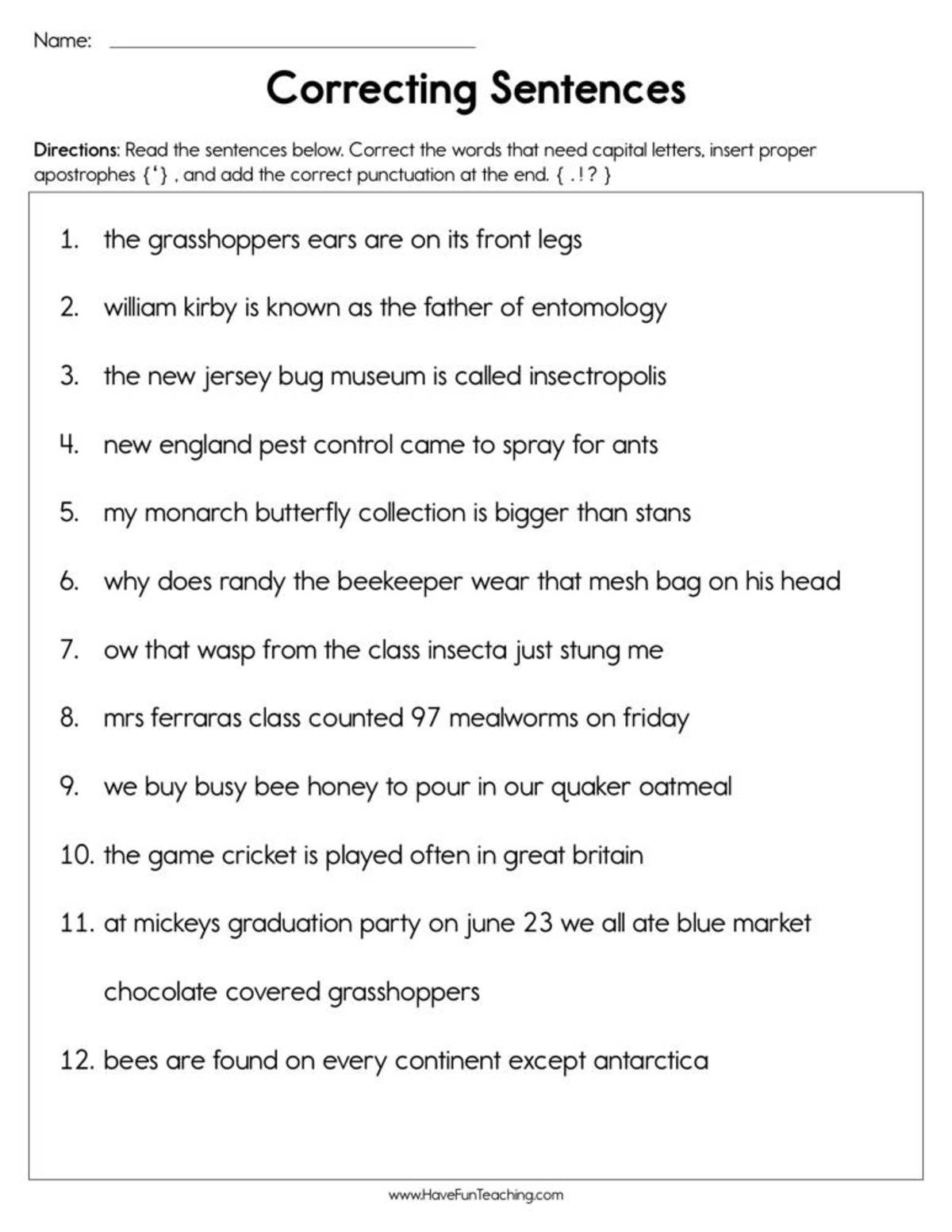 An educational teaching resource from Have Fun Teaching entitled Correcting Sentences Worksheet downloadable at Teach Simple.